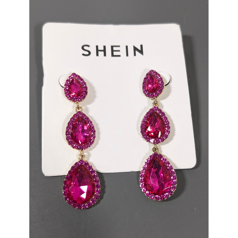 SHEIN Pink‎ Rhinestone Drop Earrings Teardrop Style Pierced Long Runway